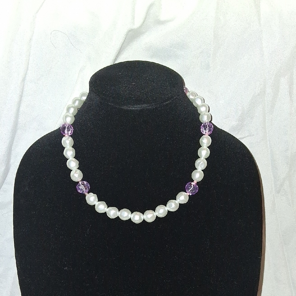 Elegant Pearl and Purple Bead Necklace